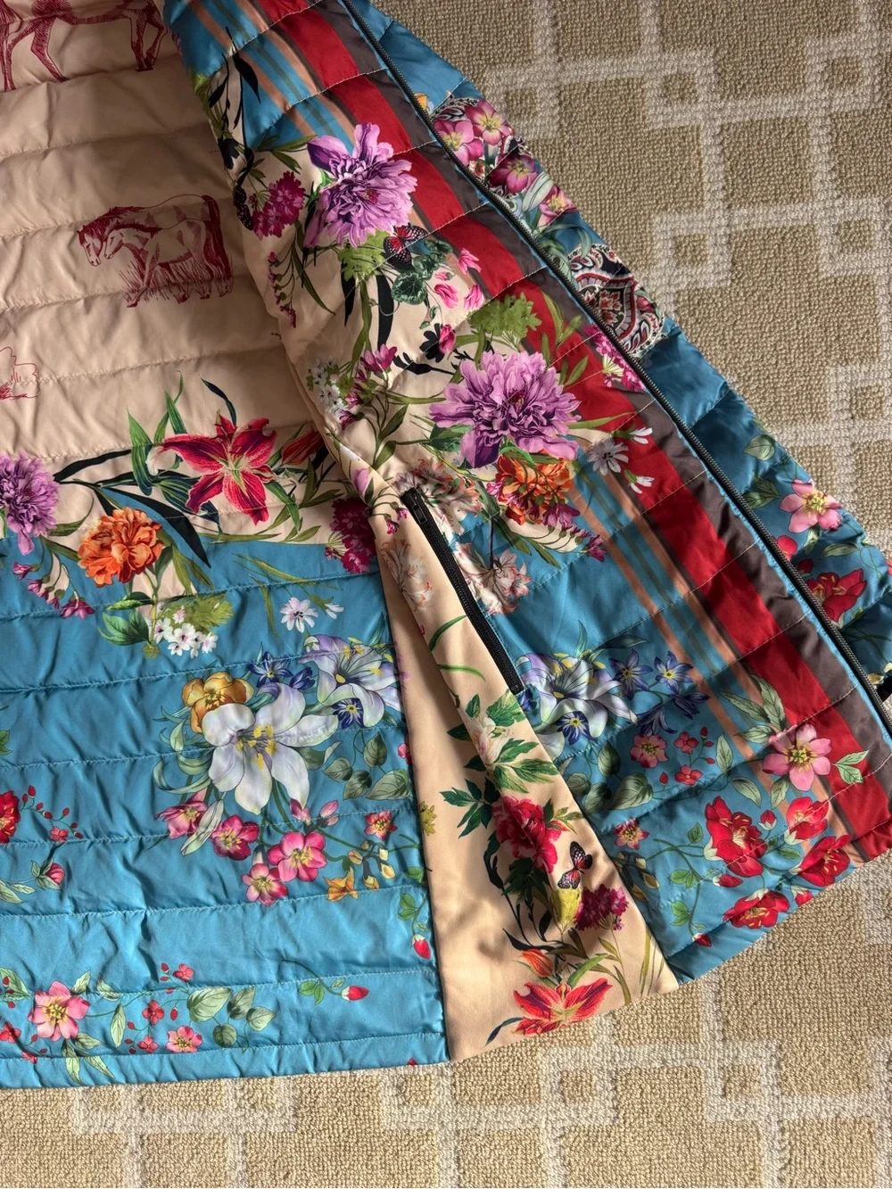 Johnny Was Santa Fe Reversible Down Puffer Parka Teal Multicolor Floral Large